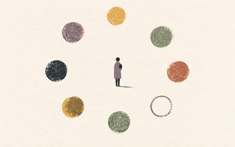 A tiny figure at the centre of eight widely spaced circular markers, representing a calm recurring review