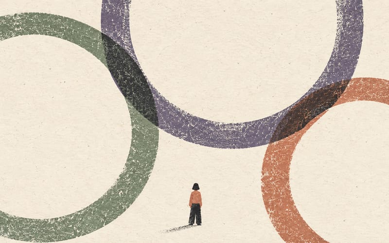 One small figure standing between several differently sized open rings, none presented as the single correct boundary