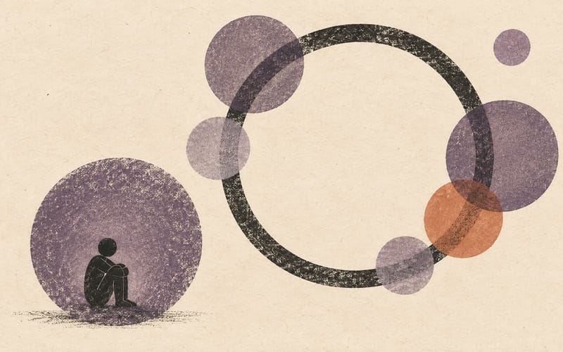 A small figure inside a dense circle facing a distant open ring, representing a familiar skill becoming harder to retrieve under emotional load