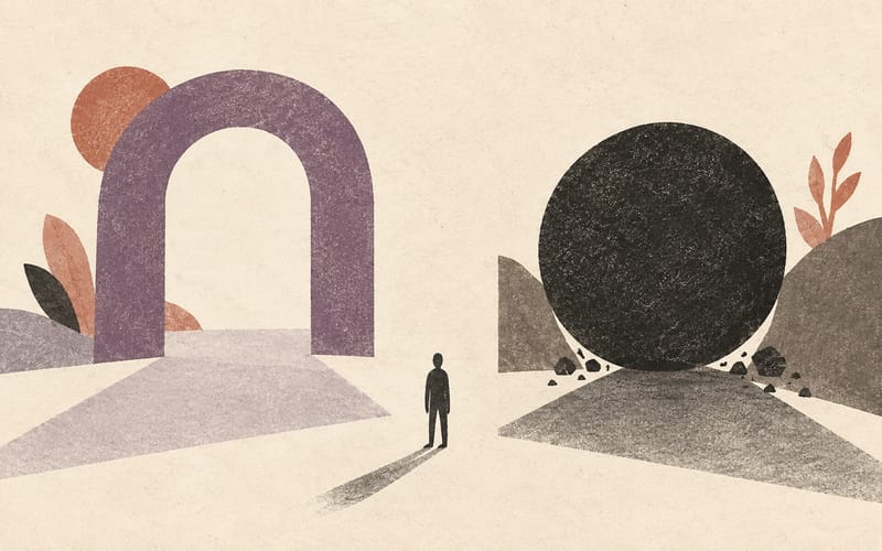 A small figure between an open arch and a closing circle, representing an environment that can support or punish skill use