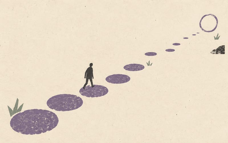 A tiny figure moving across stepping stones that gradually change in size and spacing, representing graded practice across increasingly relevant conditions