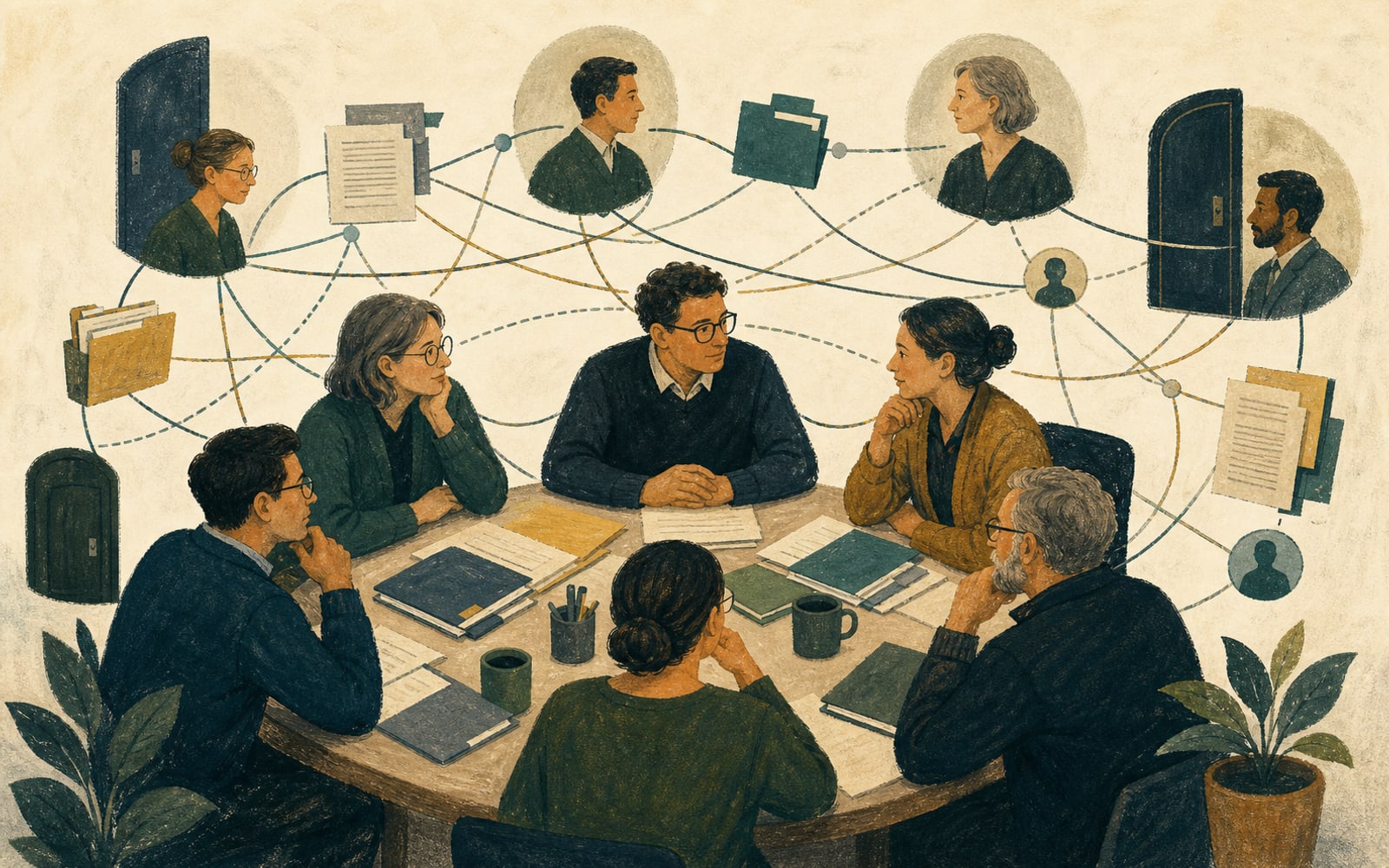 A small professional psychology training network, with supervisors, academics, folders, doors, and decision-makers connected by overlapping role-lines