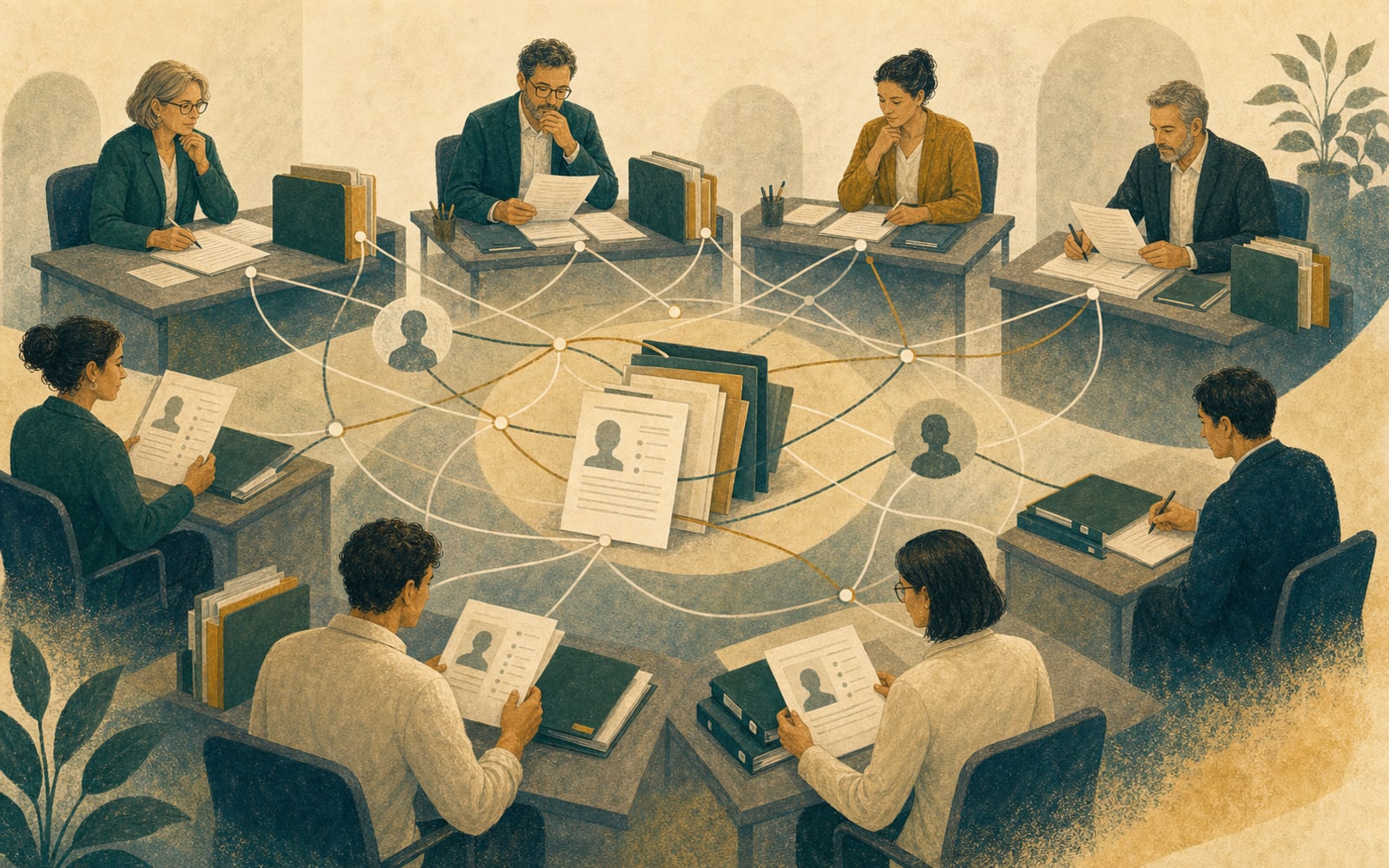 A formal review process with separated desks, declarations, folders, and subtle threads connecting the same small professional network