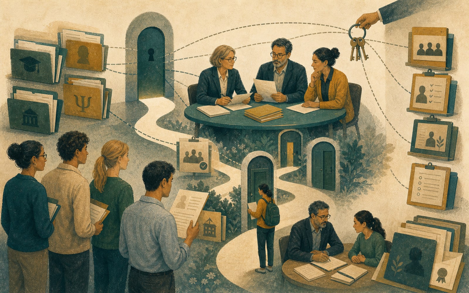 A psychology training pathway with applicants, folders, placement doors, supervisors, and selection panels connected through the same small gatekeeping network