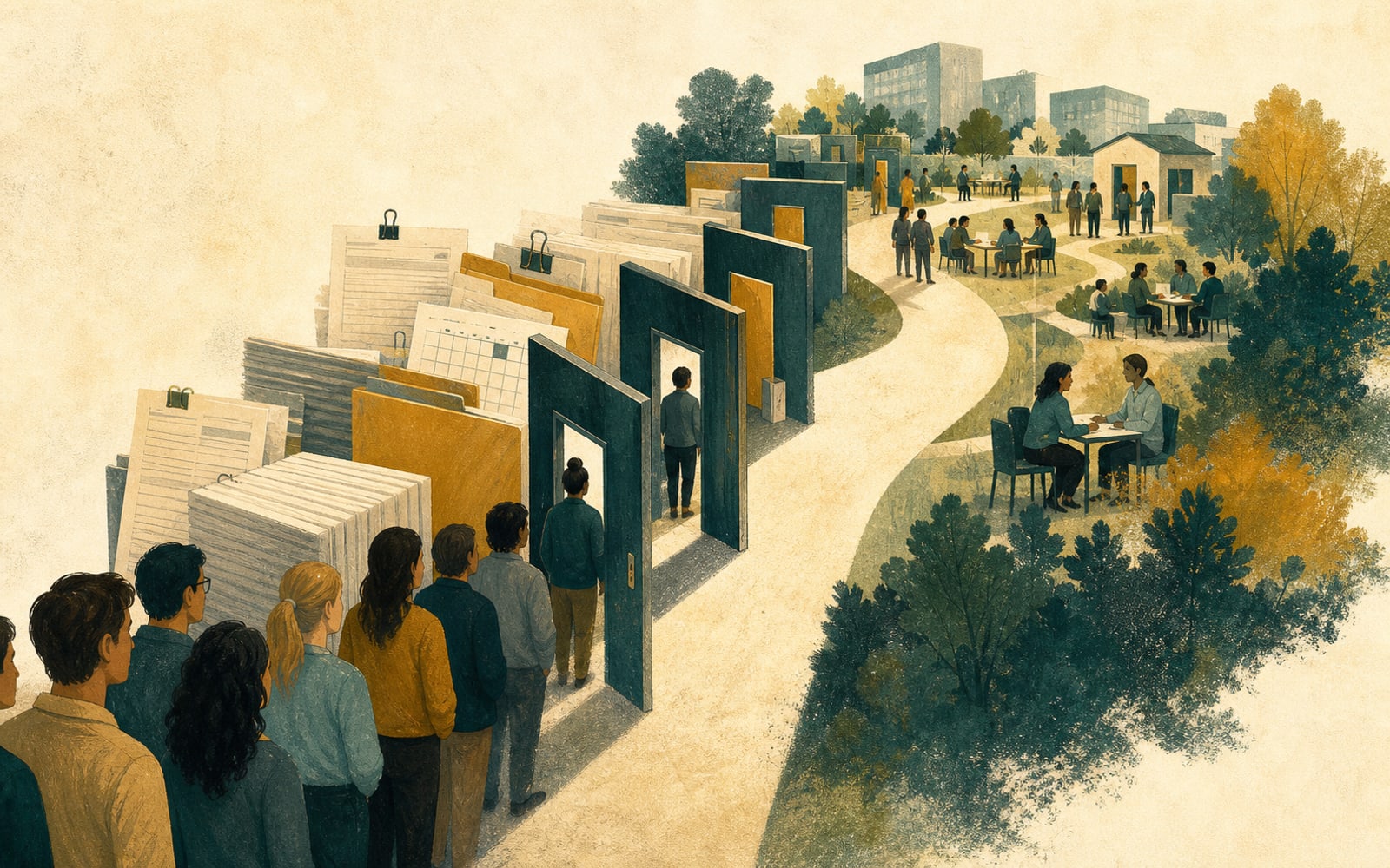 A narrow psychology training pathway with many trainees waiting at limited doors, widening into a broader professional ecosystem with more supervisors, placements, and review spaces