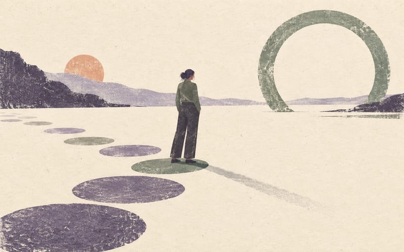 A small adult figure looking back across distant stepping-stone circles while facing an open path