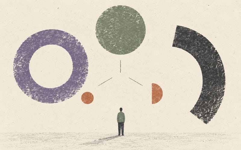 A small figure viewing several separate textured forms rather than one dominant circle