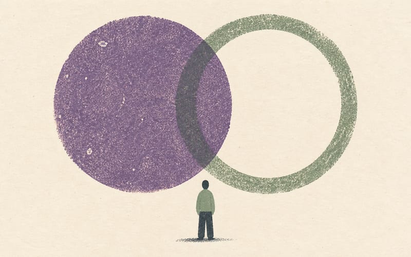 A small figure between two overlapping textured circles, representing high ability and disability coexisting