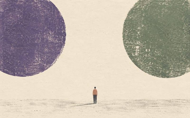 A small figure standing outside two distant circles, suggesting exclusion from both strength-based and disability-based recognition