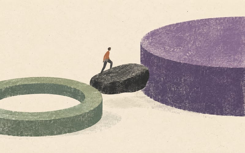 A tiny figure moving between one open ring for access and one larger circle for challenge