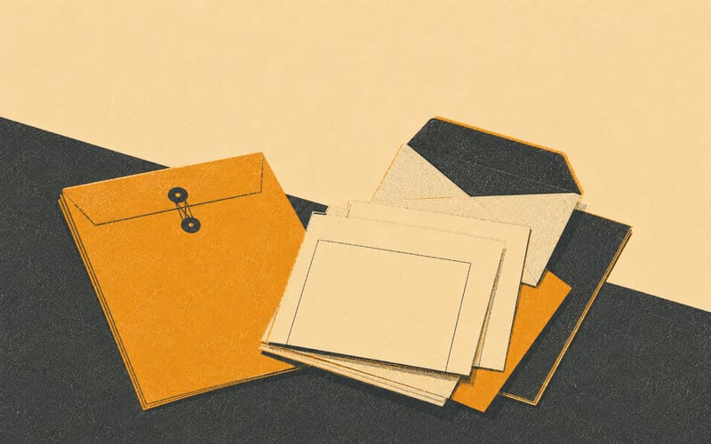 A risograph illustration of stacked letters and official documents on a plain desk, flat amber and charcoal ink on cream paper with visible halftone grain