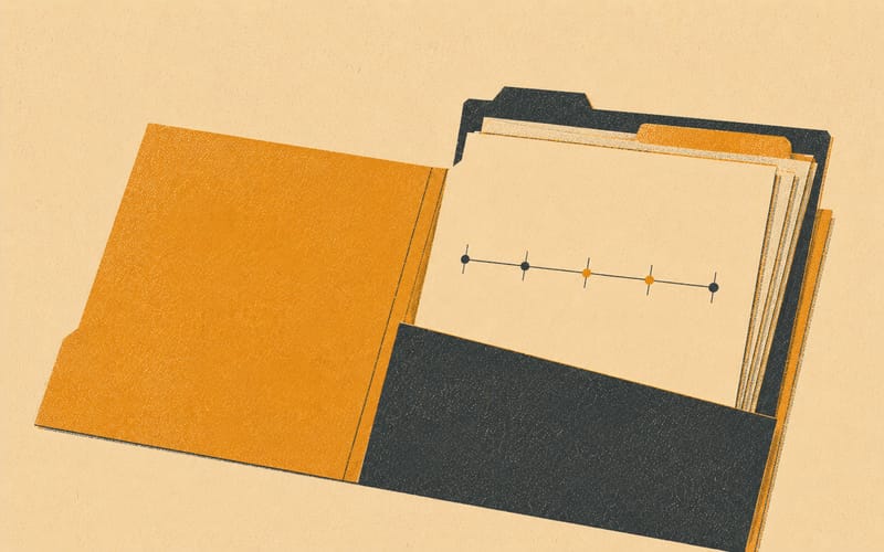 A risograph illustration of an organised folder with stacked papers and a handwritten timeline, flat amber and charcoal ink on cream with visible halftone texture and ink bleed at edges