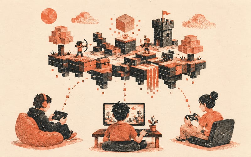 Three small figures at separate devices in a circle arrangement, connected by a shared game world above them — Risograph editorial illustration in terracotta and charcoal on warm cream