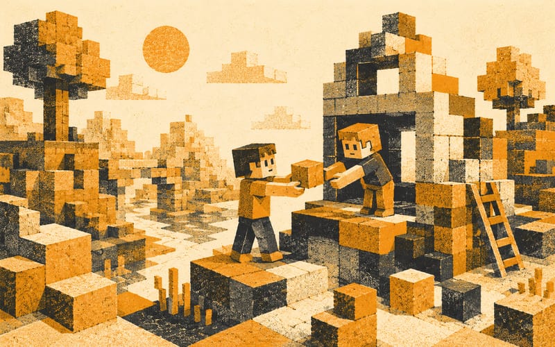 Abstract blocky world with two small figures building side by side, one handing resources to the other — Risograph editorial illustration in amber and charcoal on warm cream