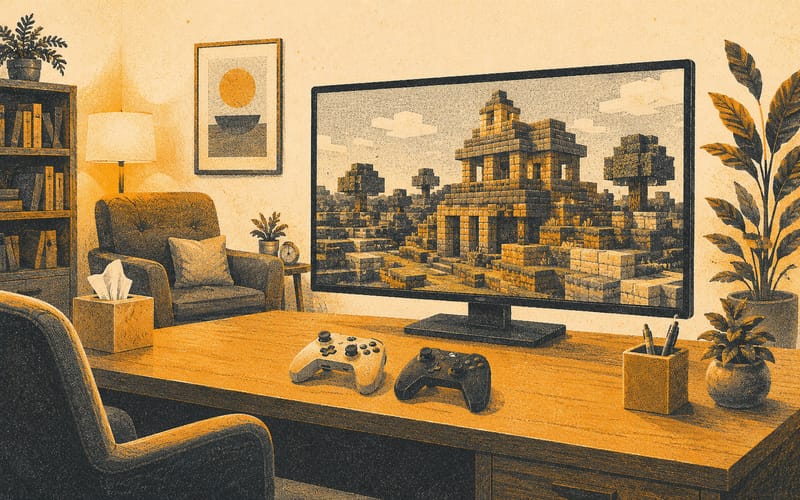 A therapy room desk with a large screen showing a blocky Minecraft-style build, two controllers, and warm ambient lighting — Risograph editorial illustration in charcoal and amber on cream