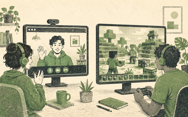 Two screens facing each other — one showing a video call window, the other a shared game world — Risograph editorial illustration in sage green and charcoal on warm cream