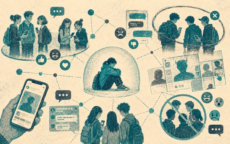 School social network shown as exclusion circles, screenshot fragments, fake profiles, and emoji-coded pressure around one isolated student, Risograph editorial illustration in teal and charcoal on warm cream, 16:10 landscape