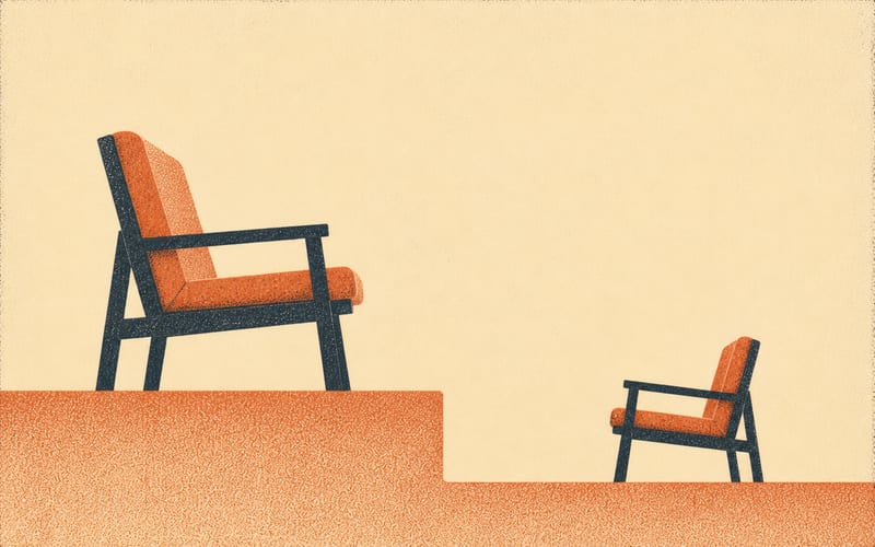 Two chairs facing each other at unequal heights — a Risograph illustration representing the structural power differential in supervision