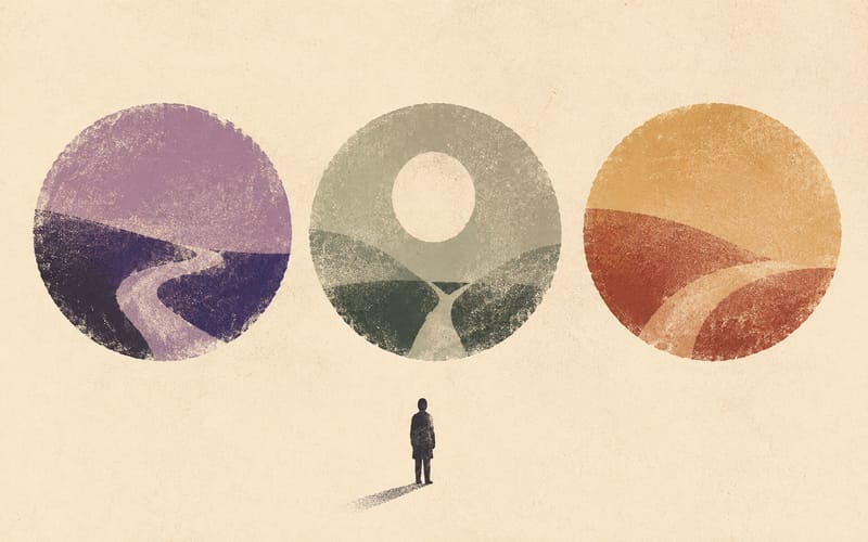 Three different notification routes showing investigation, health assessment and performance assessment as separate possible paths, Risograph editorial illustration in deep charcoal, warm cream and dusty violet, faceless practitioner, files, assessment rooms and timeline markers, no text, no logos