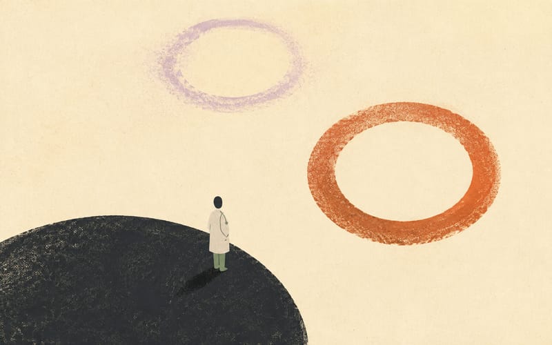A practitioner standing before an urgent regulatory decision point with support, legal advice and review loops nearby, Risograph editorial illustration in deep charcoal, warm cream and terracotta, structured but calm composition, no text, no logos
