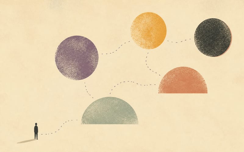An Ahpra notification pathway splitting into early determination, information gathering, assessment, investigation and tribunal routes, Risograph editorial illustration in deep charcoal, warm cream and sage green, branching lines and folders, calm procedural composition, no text, no logos