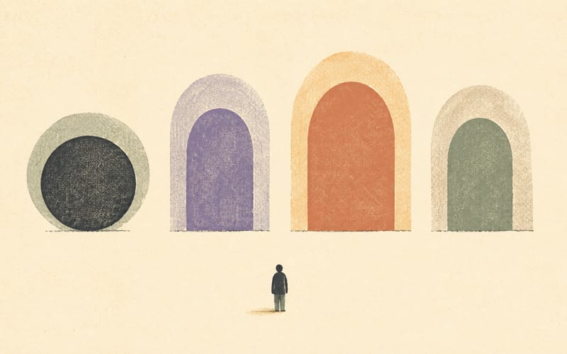Four mandatory-notification concerns represented as separate threshold gates before a regulatory assessment pathway, Risograph editorial illustration in deep charcoal, warm cream and dusty violet, abstract gates for impairment, intoxication, standards and sexual misconduct, no written labels, no logos