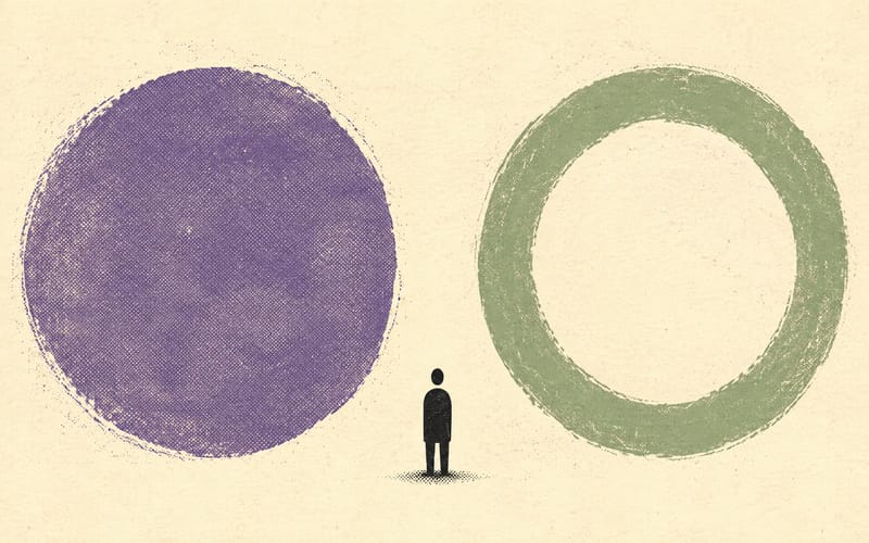 A small figure standing between a familiar circle and a separate pathway, representing the gap between knowing and using a coping skill