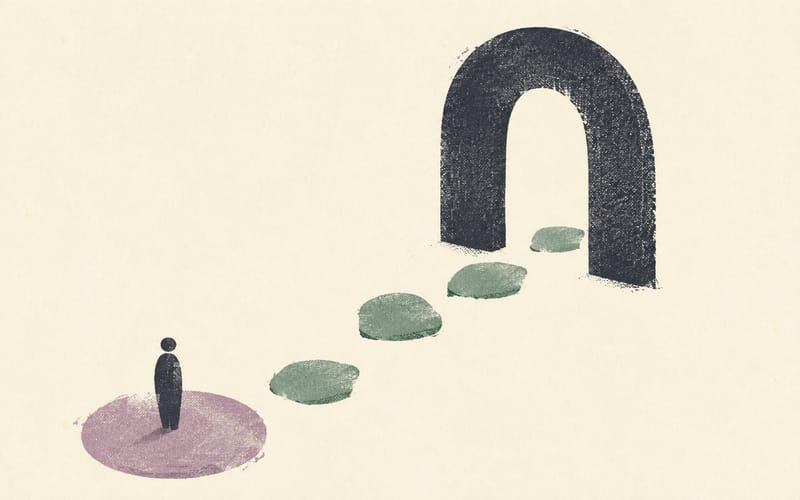 A tiny figure facing an offset arch and uneven stepping stones, representing practical barriers between intention and action