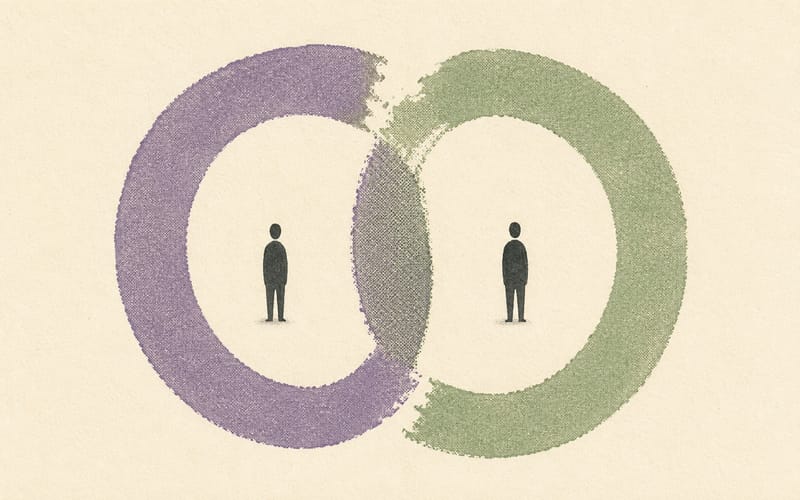 Two small figures separated by an incomplete ring that begins to reconnect, representing therapeutic rupture and repair