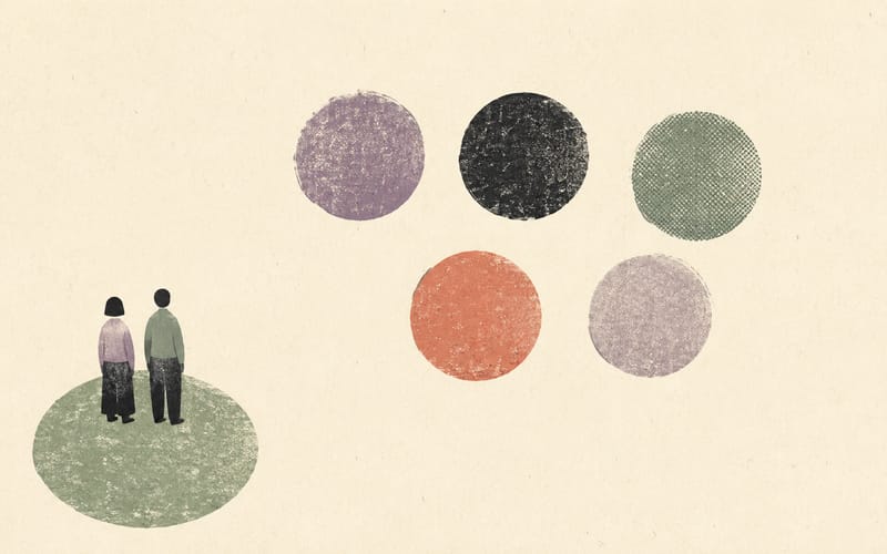 Two tiny figures standing beside a sequence of varied circles, representing a shared review of outcomes rather than one imposed definition of success