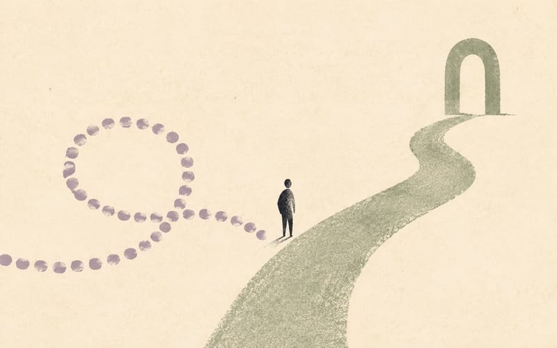 A figure turning from a repeated circular route towards a clearer open path, representing a shift from symptom management to the client's actual goal
