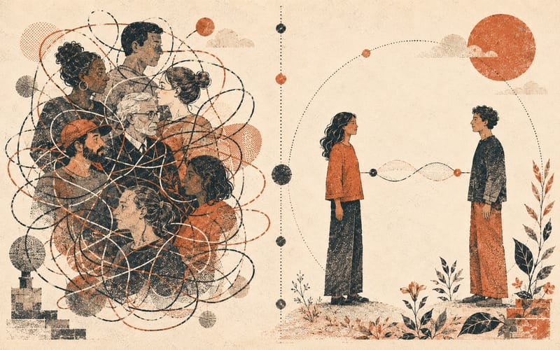 A split illustration contrasting tangled enmeshment with two people maintaining clear flexible boundaries.