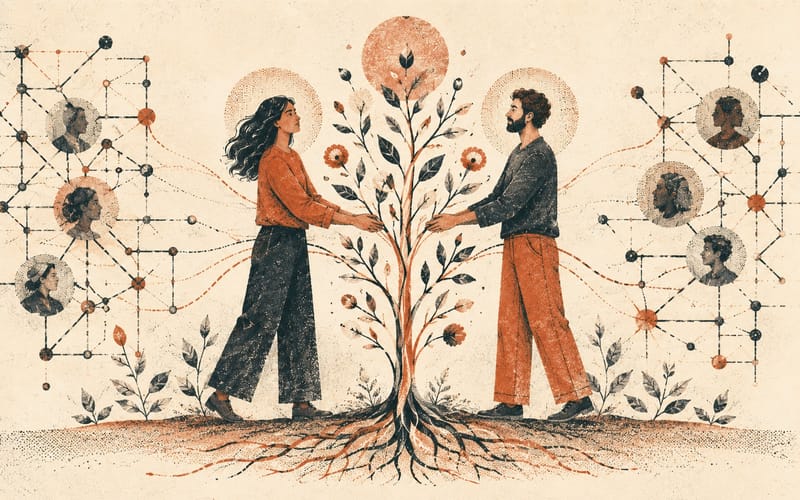 Two distinct people supporting a shared growing plant, representing mutualism and belonging without self-erasure.