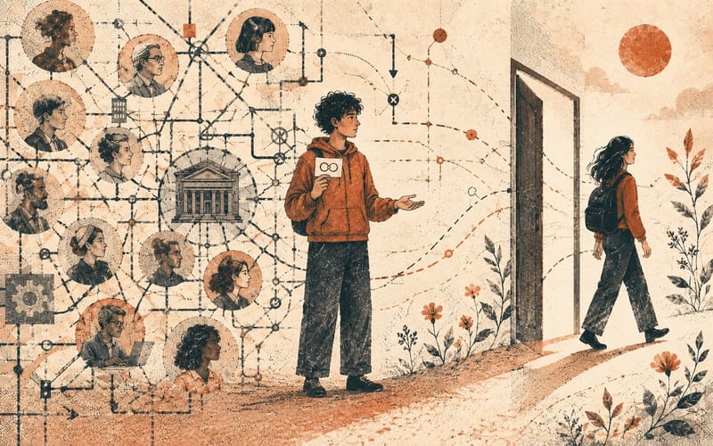 A neurodivergent person making invisible system rules visible while another person exits through an open doorway.