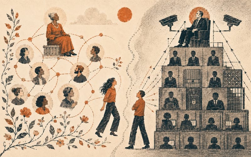 A split hierarchy illustration contrasting prestige-based authority with dominance-based control.