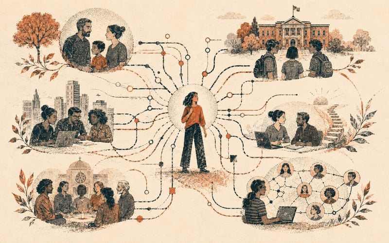 A central person connected to family, school, workplace, training, community and online systems.