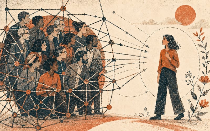 A person standing apart from a tightly clustered group that responds to difference with pressure and threat.