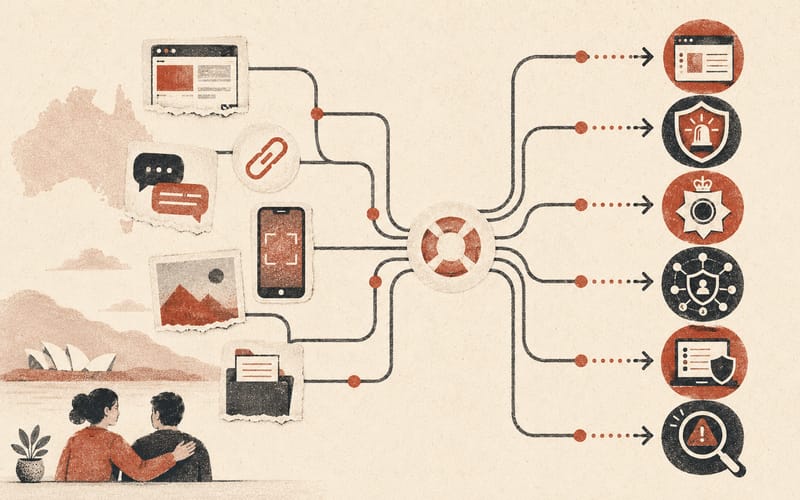 Calm triage flow with evidence icons moving toward platform reporting, eSafety, police, ACCCE, ReportCyber, and Scamwatch, Risograph editorial illustration in rust red and charcoal on warm cream, 16:10 landscape